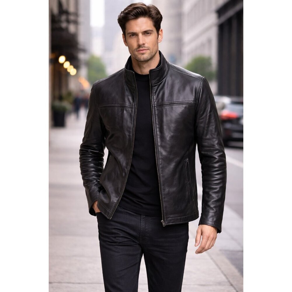 ALFANI Men’s Dark Brown Genuine Leather Jacket XL Zip Up Classic Minimalist Coat